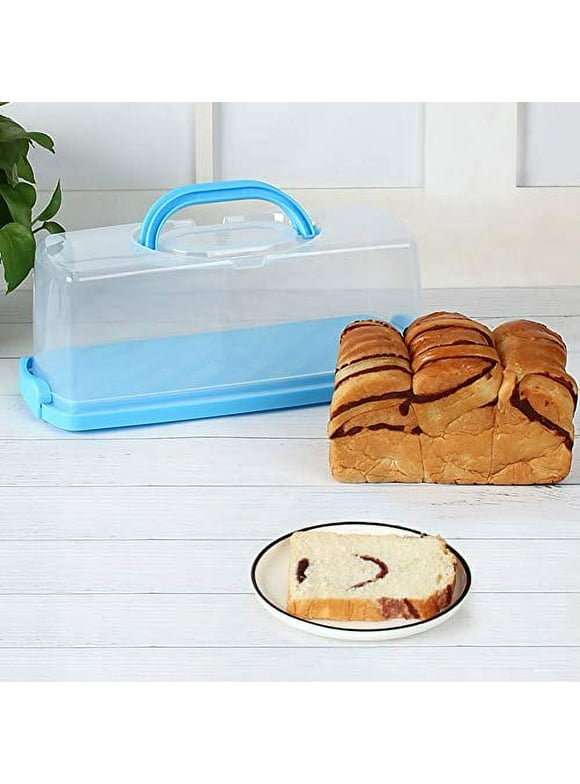 Portable Bread Box with Handle Loaf Cake Container Plastic Rectangular Food Storage Keeper Carrier 13inch Translucent Dome for Pastries, Bagels, Bread Rolls, Buns or Baguettes (Blue)