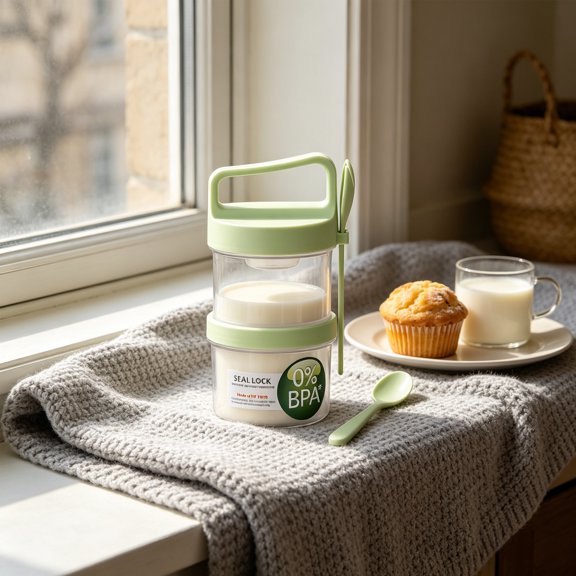 Portable Breakfast Cup with Spoon, Tiered Compartment Leak Proof Cereal Yogurt Oatmeal Container, Reusable To-Go Food Cup for Work, School, and Picnic