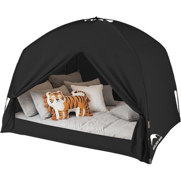 Portable Breathable 93% Blackout Bed Tent for Twin Size Bed with Three Doors and Privacy Canopy in Black