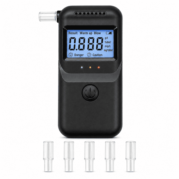 Portable Breathalyzer Alcohol Tester, 3-Color LED LCD Screen, 3rd Gen ASIC Chip, English Voice Broadcast, Dual Audio Visual Alert, 5 Mouthpieces