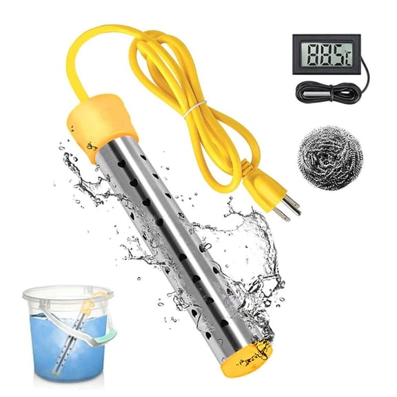 Portable Bucket Heater with Auto Shut-Off & 304 Stainless Steel Guard, Immersion Water Heater with Digital Thermometer, Rapid Heating for Inflatable Pool Bathtub Home Use - Yellow