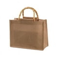 thumbnail image 1 of Portable Burlap Jute Shopping Bag Handbag Bamboo Loop Handles Reusable Tote Grocery Bags, 1 of 21