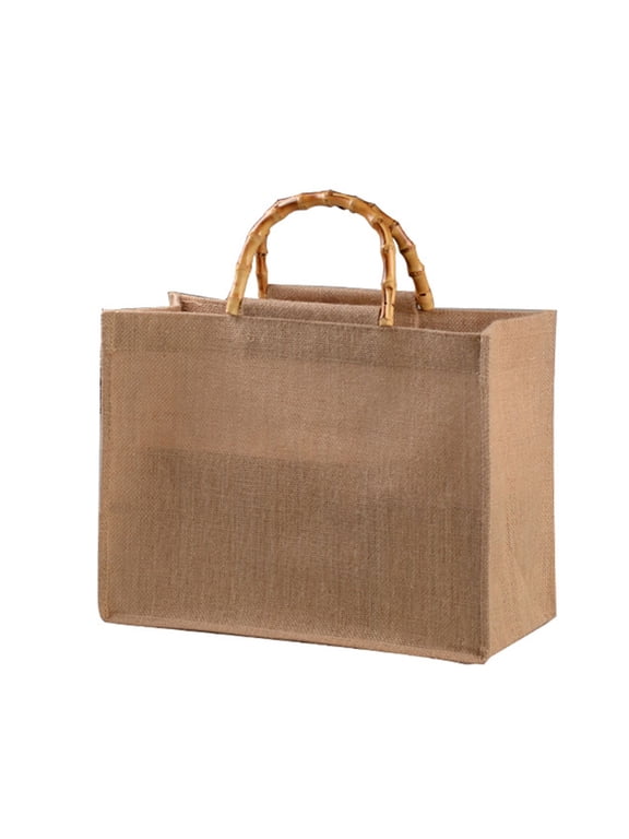 Portable Burlap Jute Shopping Bag Handbag Bamboo Loop Handles Reusable Tote