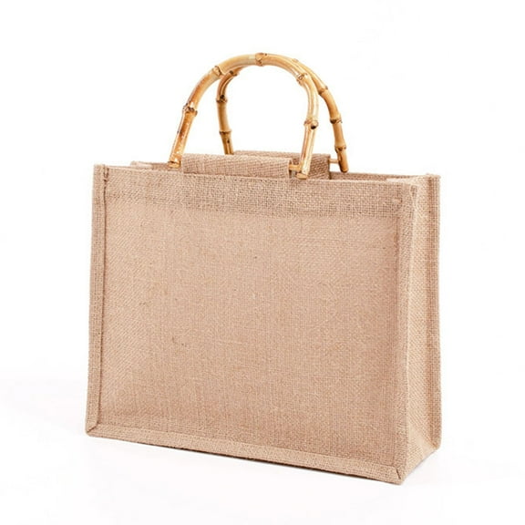 Portable Burlap Jute Shopping Bag Handbag Bamboo Loop Handles Tote