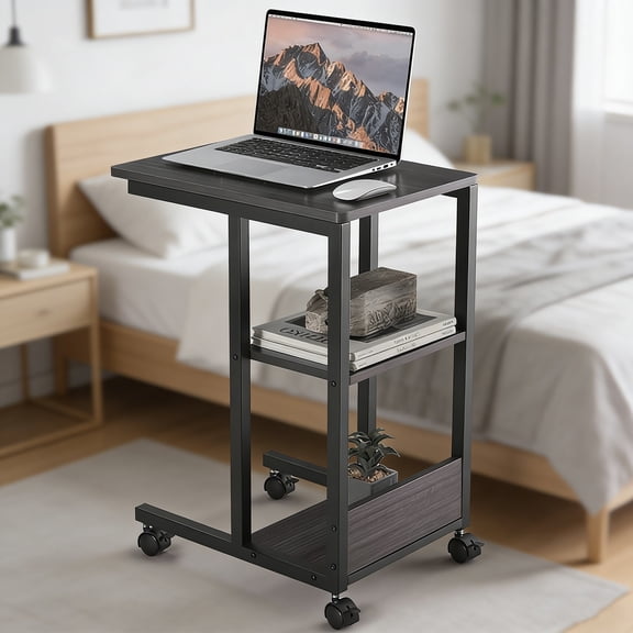 Portable C Table with Wheels - Multi-Functional Side Table with Storage, Side Desk Table for Home & Office, Space-Saving Organizer for Snacks & Work