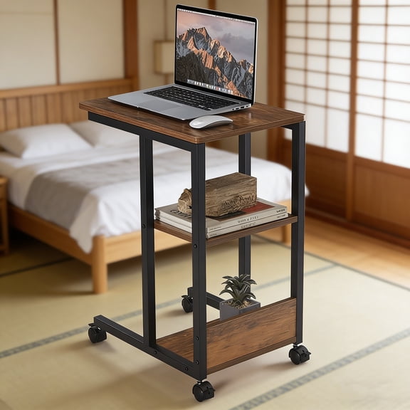 Portable C Table with Wheels - Multi-Functional Side Table with Storage, Side Desk Table for Home & Office, Space-Saving Organizer for Snacks & Work