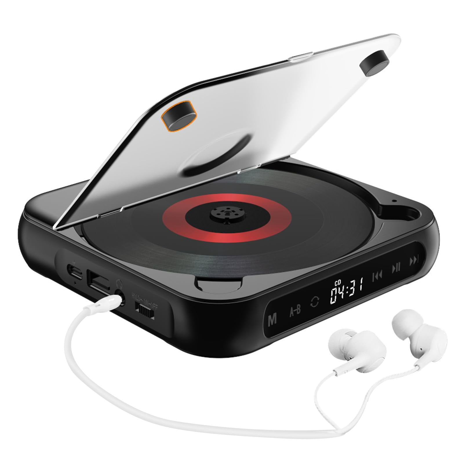Portable CD Player with Bluetooth 5.1, FM Radio & USB Playback – Dustproof Cover, LED Display, Remote Control, A-B Repeat – Includes Earphones, Compatible with BT Speakers & Headphones