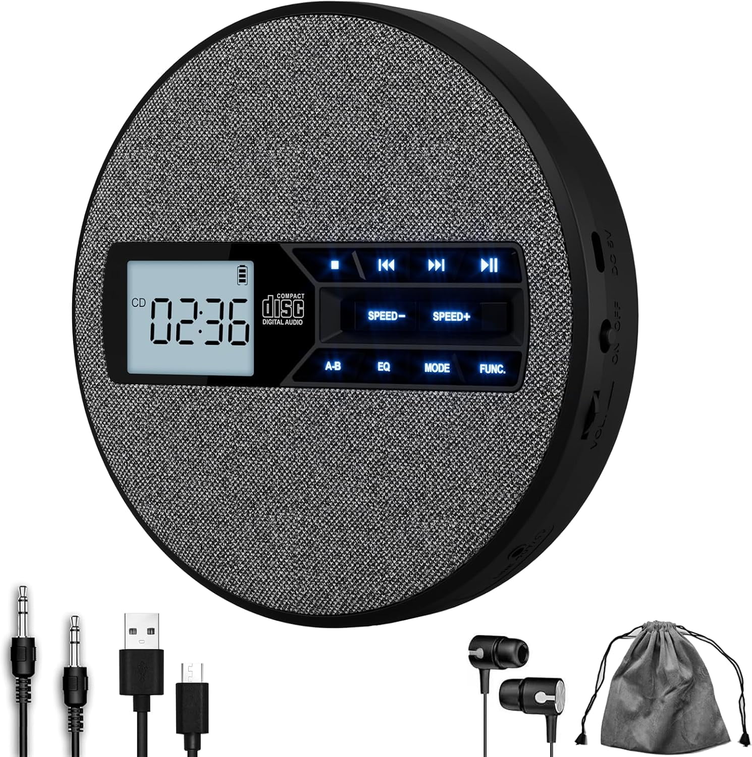 Portable CD Player with Bluetooth, Rechargeable, Anti-Skip, Dual Speakers, AUX, USB, Backlit LCD Display, 5 EQ, A-B Repeat, 10-Speed for Home, Car, Travel & Gifts