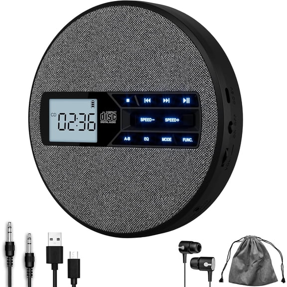 Portable CD Player with Bluetooth, Rechargeable, Anti-Skip, Dual Speakers, AUX, USB, Backlit LCD Display, 5 EQ, A-B Repeat, 10-Speed for Home, Car, Travel & Gifts