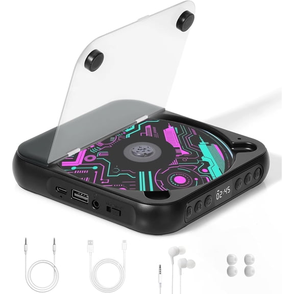 Portable CD Player with Bluetooth, Rechargeable CD Player for Car/Home, Small CD Players with Speakers & Headphones, Support CD/AUX/USB and Repeat Modes, Ideal for Audiobooks & Gifts (Black)