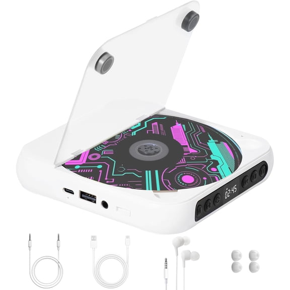 Portable CD Player with Bluetooth, Rechargeable CD Player for Car/Home, Small CD Players with Speakers & Headphones, Support CD/AUX/USB and Repeat Modes, Ideal for Audiobooks & Gifts (White)