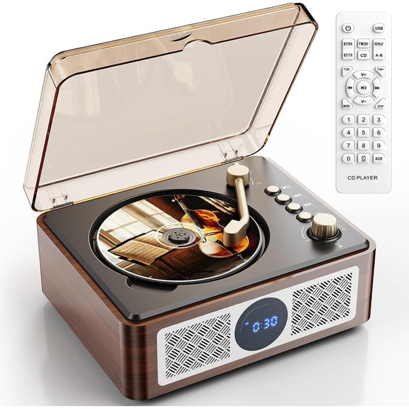 Portable CD Player Bluetooth with Speakers - Desktop CD Players for Home, Built-in Dual Stereo Speakers, FM Radio, Repeat, Remote Control, Supports USB/AUX/Type-C, Retro Gift, for Kids, Brown