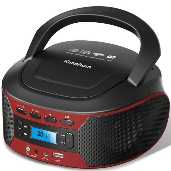 Portable CD Player Boombox with BT, FM Radio with CD Player Combo, CD Boombox with AUX/USB Playback and Earphone Jack. CD Players for Home with Stereo Speakers, Battery or AC Powered.