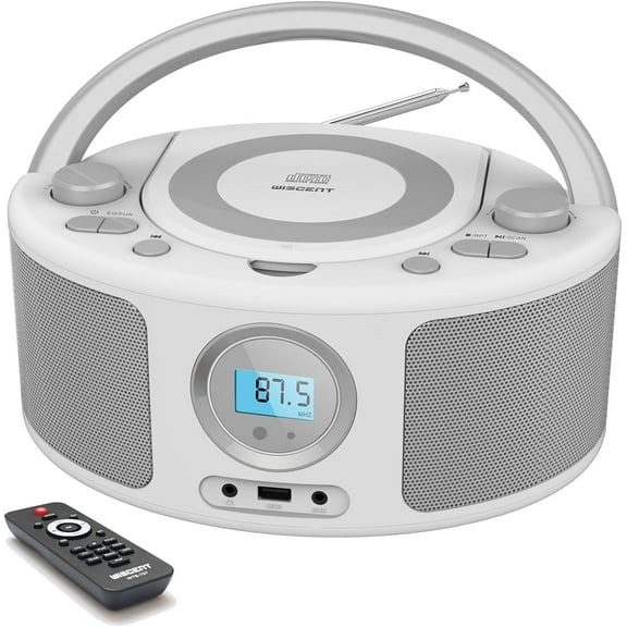 Portable CD Player Boombox with Bluetooth, FM Radio, Remote Control, USB Port and AUX Headphone Jack, MP3 CDs Compatible, Clear Stereo Sound, AC/Battery Powered