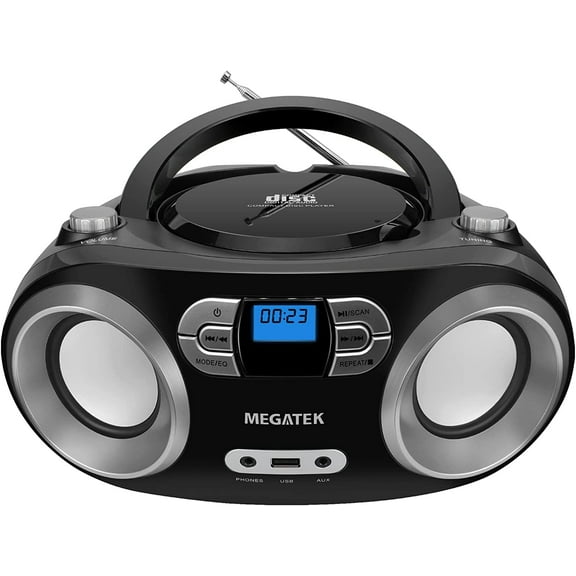 Portable CD Player Boombox with FM Radio, Bluetooth, USB Port, AUX Input, and Headphone Jack CD-R/CD-RW/MP3-CD Compatible, Clear Stereo Sound, Backlit LCD Display Black