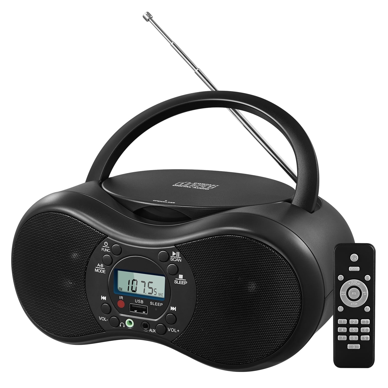 Portable CD Player Boombox with FM Radio, Bluetooth, and USB Port ,Stereo Sound with Remote Control,CD-R/RW and MP3 CDs Compatible,3.5mm Aux Input and Headphone Jack.