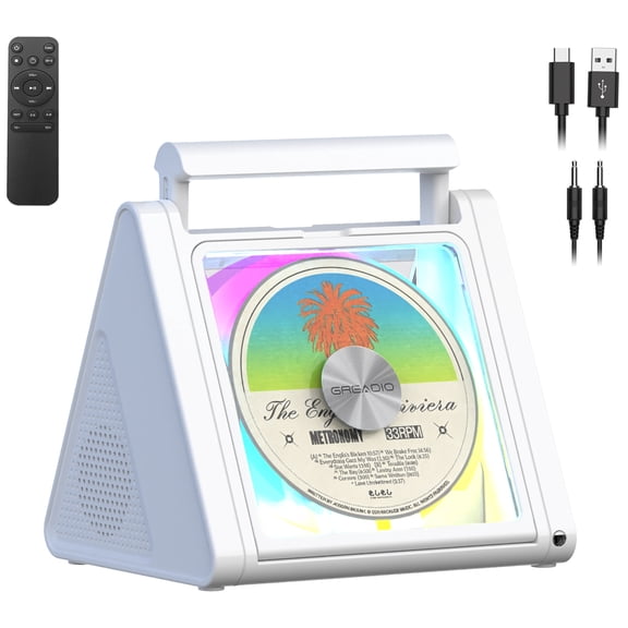 Greadio Portable CD Player with 20W Speaker, 4000mAh Rechargeable Bluetooth CD Player with Battery,Triangle Design Speaker with Remote Control