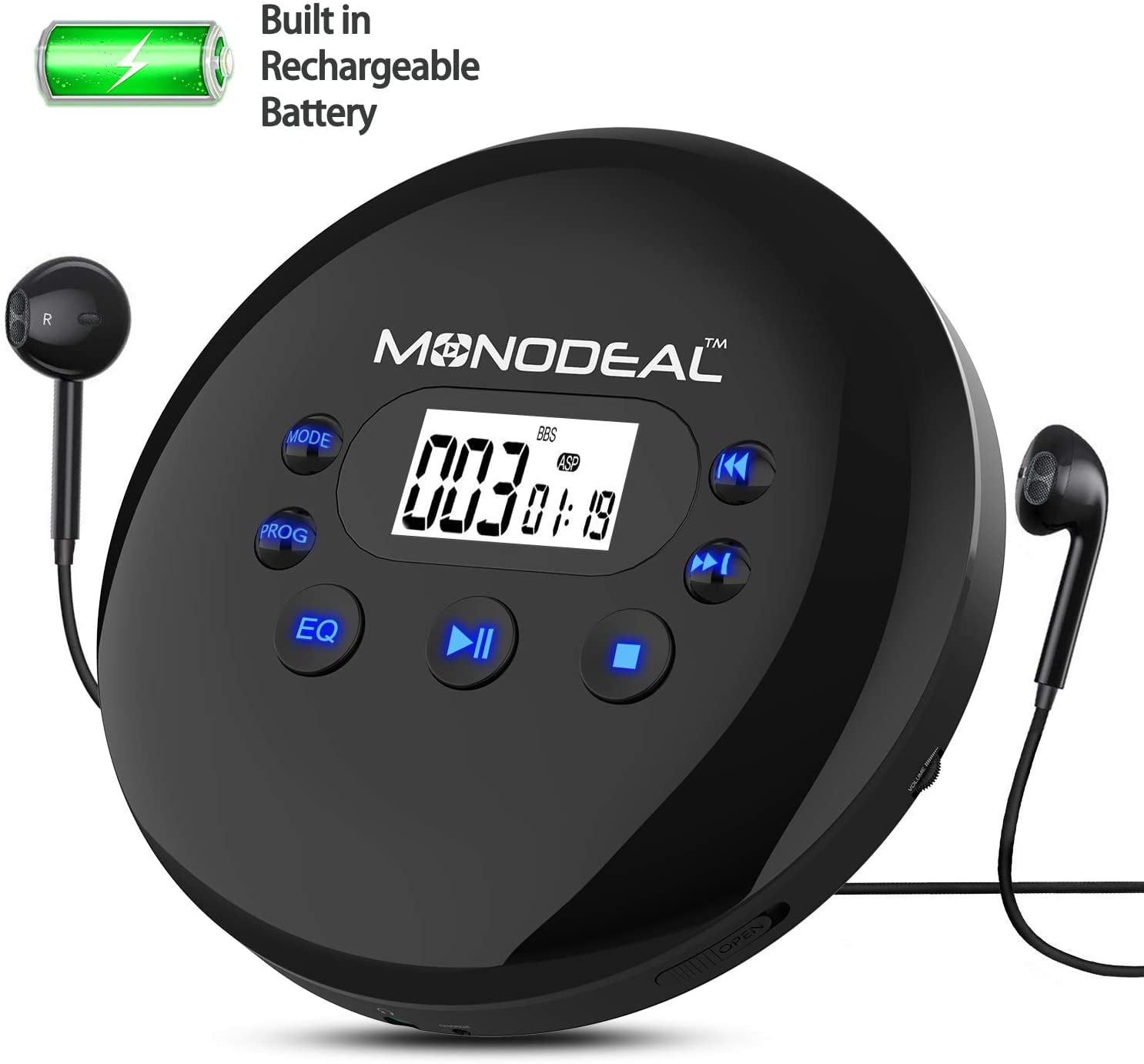  HOTT CD204 - Reproductor de CD portátil, reproductor de CD  compacto personal con auriculares, antideslizante, a prueba de golpes, para  viajes en casa y automóvil, pequeño CD de música Walkman con 