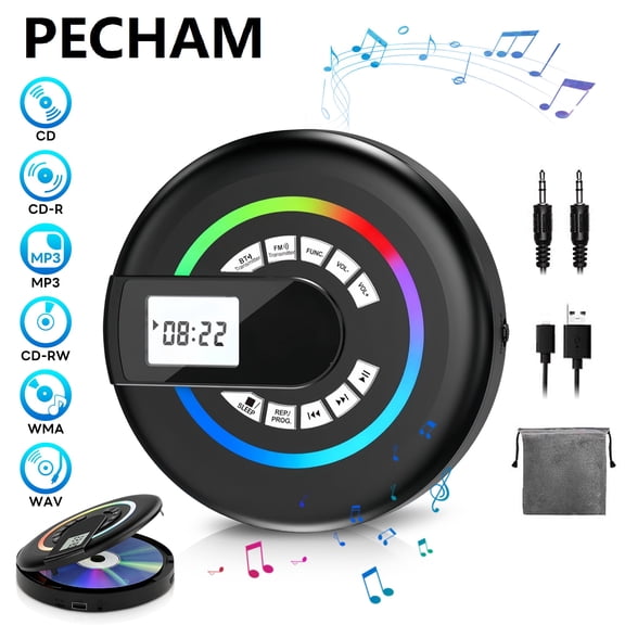 Portable CD Player, Pecham Rechargeable CD Walkman with Bluetooth, HiFi Speaker, Personal Anti-Skip CD Music Player with LCD Display, Repeat Headphones AUX/USB for Cars Home Travel Adults Teens
