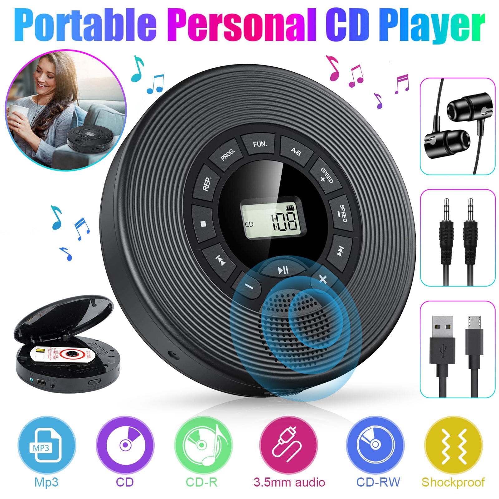 Portable CD Player Personal AntiSkip MP3 Music Walkman Rechargeable w/ Speakers