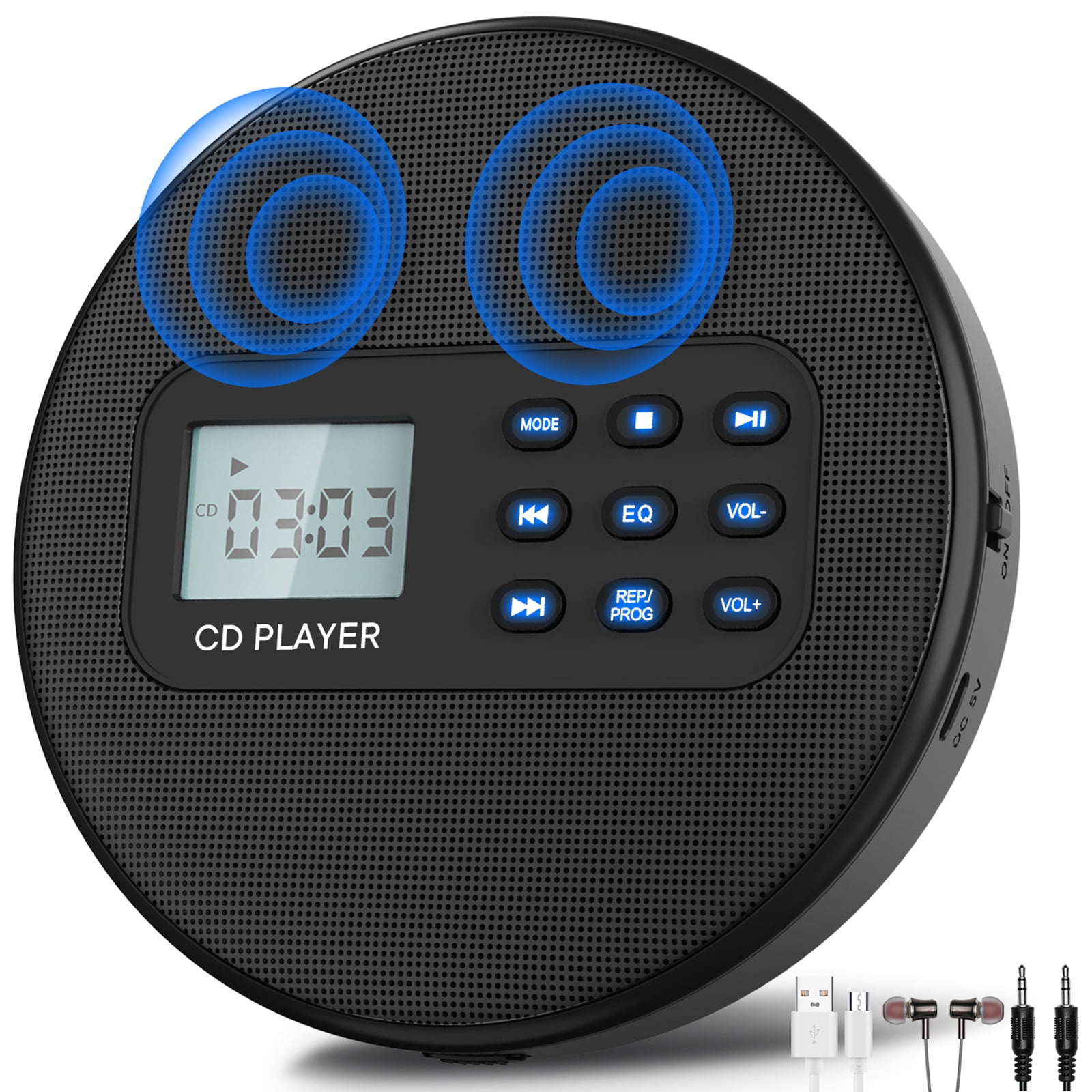 Portable CD Player for car: Rechargeable Discman Player with Stereo Speakers and Anti-Skip Protection with Headphones LCD Display with Backlight