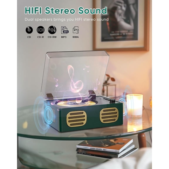 Portable CD Player with , Retro Green CD Player Built-in Speaker USB Aux Headphone Jack Remote Control Rechargeable LED Display for Home Travel