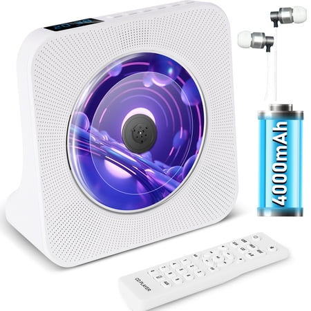 Portable CD Players with Built-in Battery, Bluetooth CD Player with FM Radio, Rechargeable CD Player with USB Port, Sleep Timer, Remote Control, Dust Cover