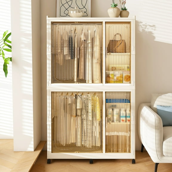 Portable Cabinet Closet with 2 Hanging Rod, Wardrobe Closet Storage Organizer with 6 Cubes and 6 Visible Doors, Freestanding Clothes Cabinet for Living Room, Bedroom, Apartment, White