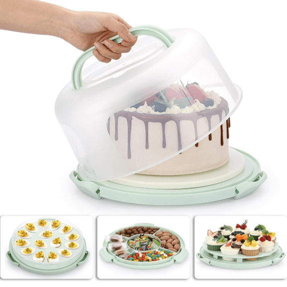 Portable Cake Carrier with Lid and Handle, Devil Egg Container + Cupcake Storage Tray for Transport, 10 Round Cake Container Holder with Two Sided Base for Pies Cookies Nuts Fruit, Green