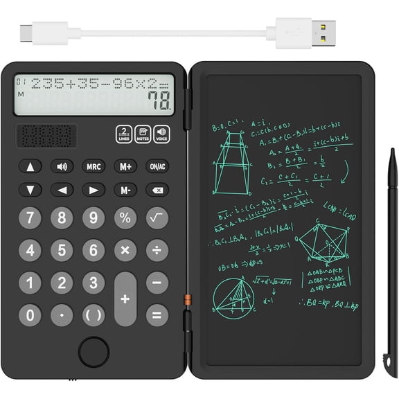 Portable Calculator with Notepad Writing Tablet,2 Line Display 12 Digits Large Display Rechargeable Solar Power for Primary and Middle School Students, Office (Black)