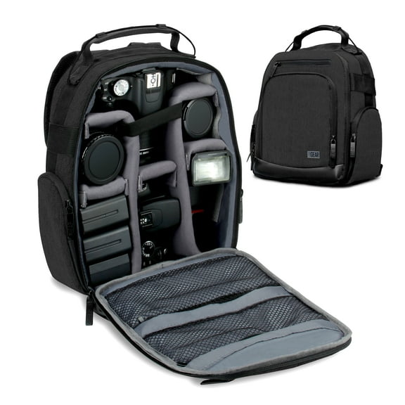 Portable Camera Backpack for DSLR / SLR (Black) by USA Gear w/ Customizable Accessory Dividers, Weather Resistant Bottom, Comfortable Back Support for Canon EOS T5 / T6 - Nikon D3300 / D3400 and More