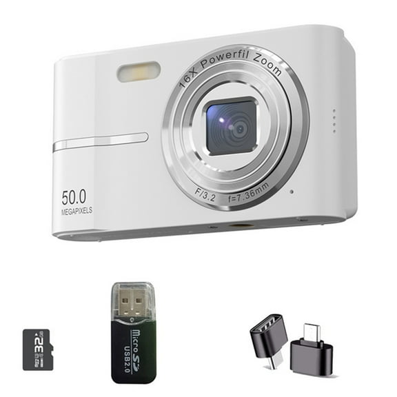 Portable Camera Pocket Digital Camera FHD 1080P 50MP Support AF Autofocus 16X Zoom Students Portable Compact Video Cam,1 x camera 1 x USB data cable 1 x 32G memory card 1 x card reader,White