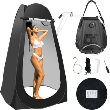 Portable Camping Bathroom Tent,Shower Tent Kit,Pop Up Privacy Tent, Outdoor Changing Tent with 5 Gallon Shower Bag-(Nozzle Upgraded)(Black)