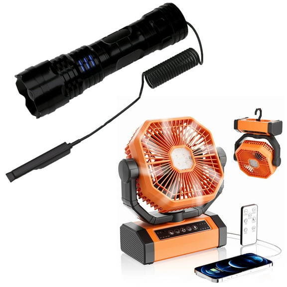 Portable Camping Battery Fan and 1000 lumens LED Tactical Flashlight Set, Outdoor Tent RV Fishing Camping Bundle