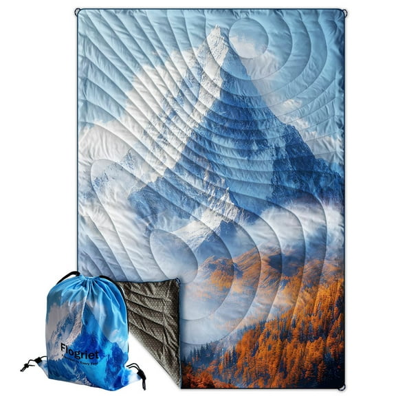 Portable Camping Blanket Lightweight Water Resistant Windproof Insulated Double Sided Snow Mountain Pattern Includes Large Drawstring Bag for Travel Festivals Outdoor Use