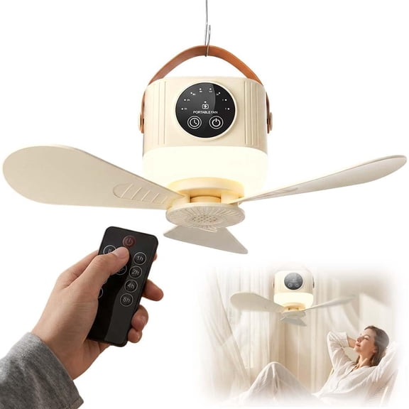 Portable Camping Ceiling Fan with Light & Remote, 9.3 Inch Rechargeable Hanging Tent Fan, 4 Speeds 3 Light Modes Timer USB-C Fan for Camping RV Canopy Patio, Khaki