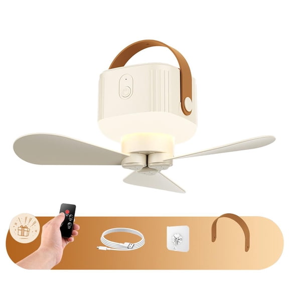 Portable Camping Ceiling Fan Rechargeable Battery Operated Fan, Tent Light Combo, Wall Mounted Dorm Fan with Remote Control Timer for RV Outdoor