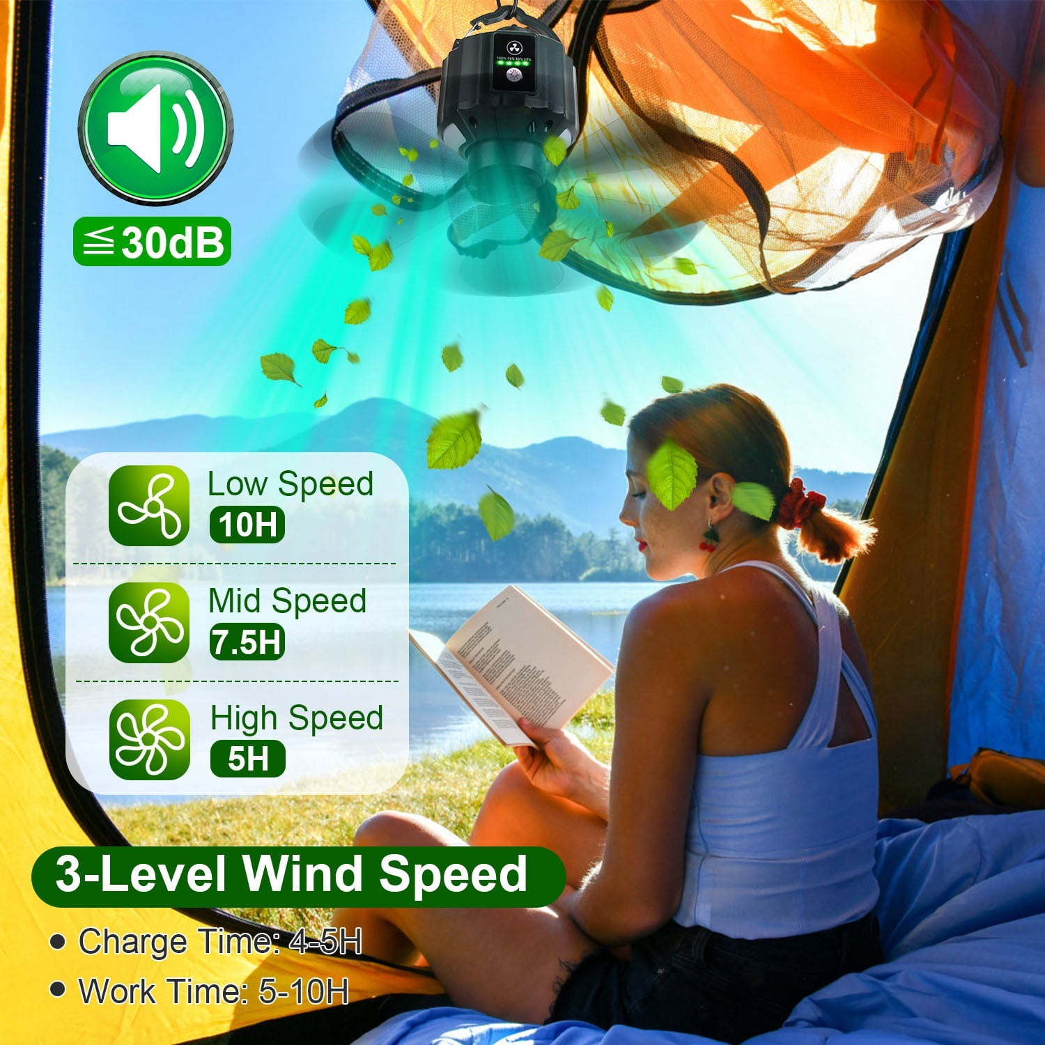 Portable Camping Ceiling LED Fan 10400mAh USB Battery Powered Hanging