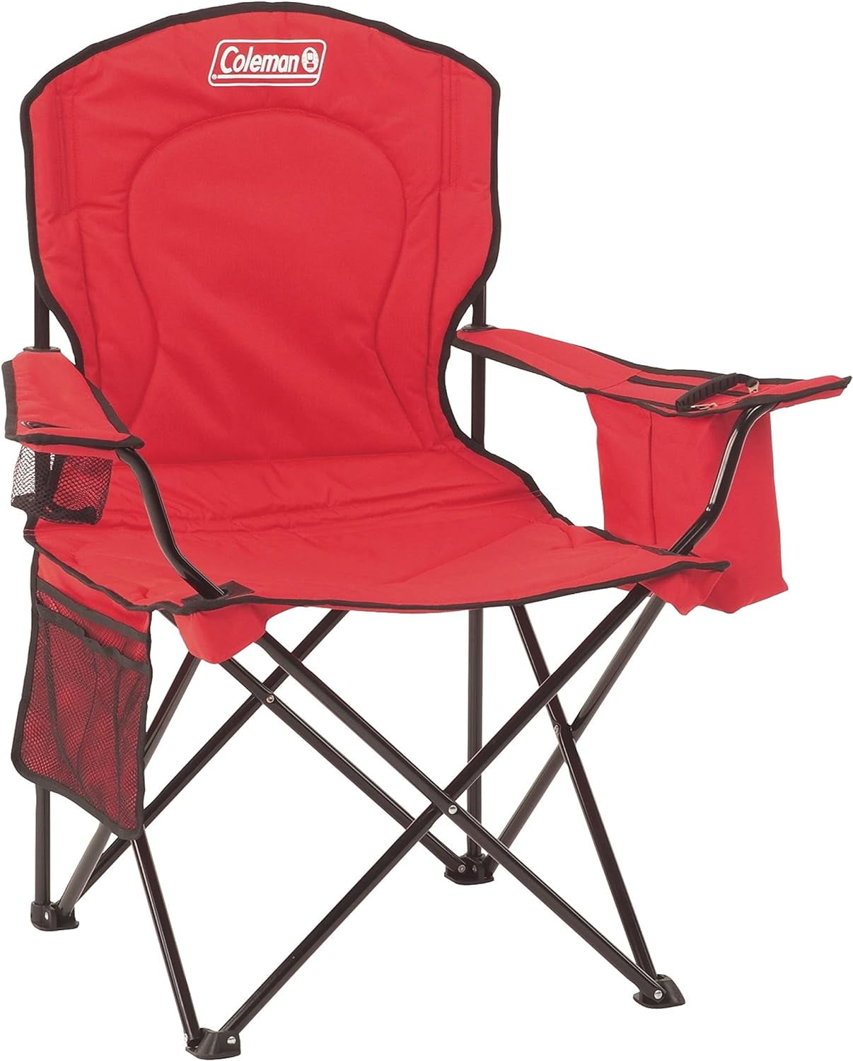 Red Steel Frame Portable Camping Chair with Cooler and Storage Bag