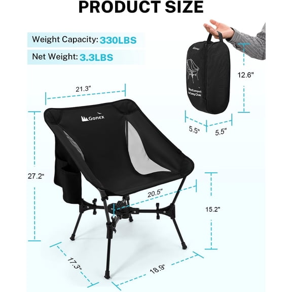 Portable Camping Chair, The 5th Gen Ultralight Compact Backpacking Foldable Lightweight Folding Chair for Outdoor Camp Hiking Beach Picnic Concert, Supports 330lbs (Black, 1 PCS)