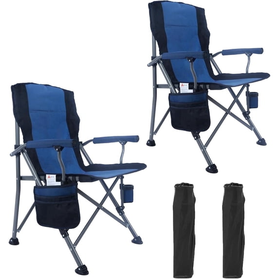 UMINEUX Portable Camping Chair Folding Quad Outdoor Large Heavy Duty Support 330 lbs Thicken 600D Oxford with Padded Armrests, Storage Bag, Beverage Holder, Carry Bag for Outside(Blue, 2 Pack)