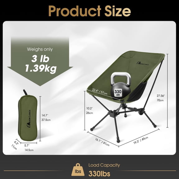 Portable Camping Chair, Lightweight Folding Backpacking Hiking Chair, Plus Size Compact Yet, Support 330 lbs (Green)