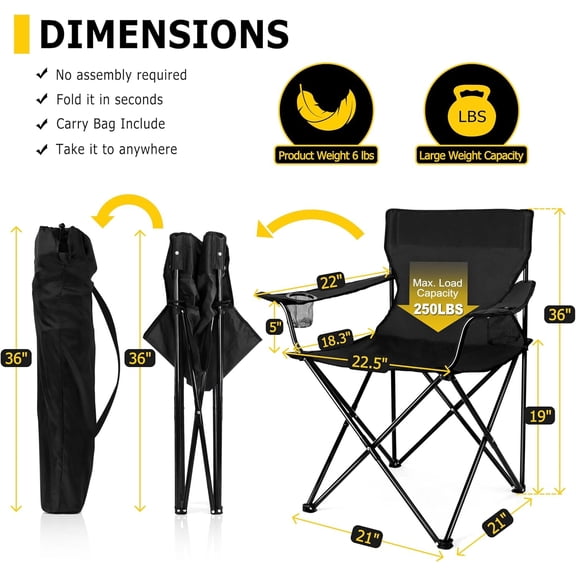 Portable Camping Chair, Outdoor Lawn Folding Chairs for Adults, Heavy Duty Large Foldable Chairs for Beach, Fishing, Tailgating Outdoor Sport, 2 Cup Holders & Carry Bag