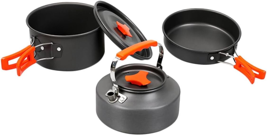 Portable Camping Cookware Set Lightweight Non-Stick Cookware Kit for People Includes Kettle and Frying Pans for Outdoor Cooking and Hiking Activities