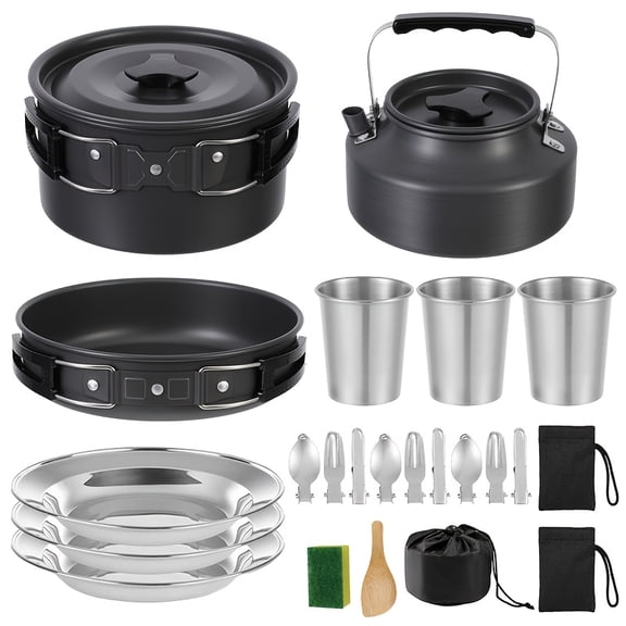 Portable Camping Cookware Set for 2-3 People, Camping Pot Frying Pan Kettle with Cutlery, Foldable Space Saving Outdoor Cooking Kit