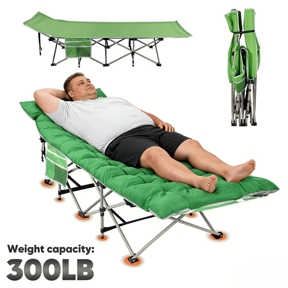 Portable Camping Cot with Mattress (Green and Grey) – Heavy Duty 300-Lb Capacity Folding Bed with Side Pocket for Adults, Tent, Beach, Office, Camping