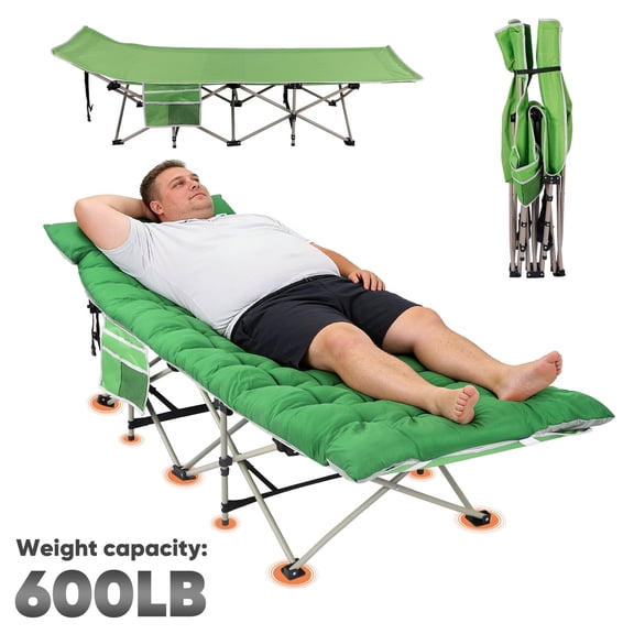 Portable Camping Cot with Mattress (Green and Grey) – Heavy Duty 600-Lb Capacity Folding Bed with Side Pocket for Adults, Tent, Beach, Office, Camping