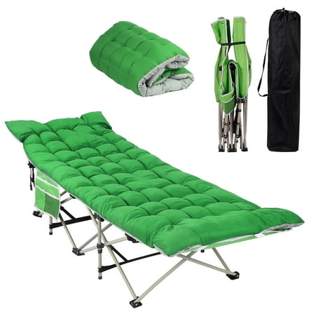 Portable Camping Cot with Mattress (Green and Grey) – Heavy Duty 300-Lb Capacity Folding Bed with Side Pocket for Adults, Tent, Beach, Office, Camping
