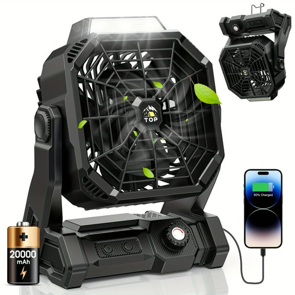 [Portable Camping Fan] 20,000mAh Rechargeable Portable Battery-powered Camping Fan with Dual Blades | LED Mood Lighting, Hook Function, And Timer Function, Suitable for Camping, Living Rooms, Hiking