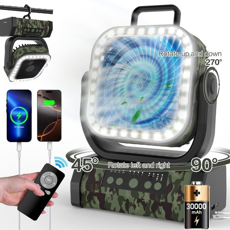 Portable Camping Fan – 30,000mAh Battery, LED Light, 4-Speed Adjustable, Remote Control, 270° Rotation